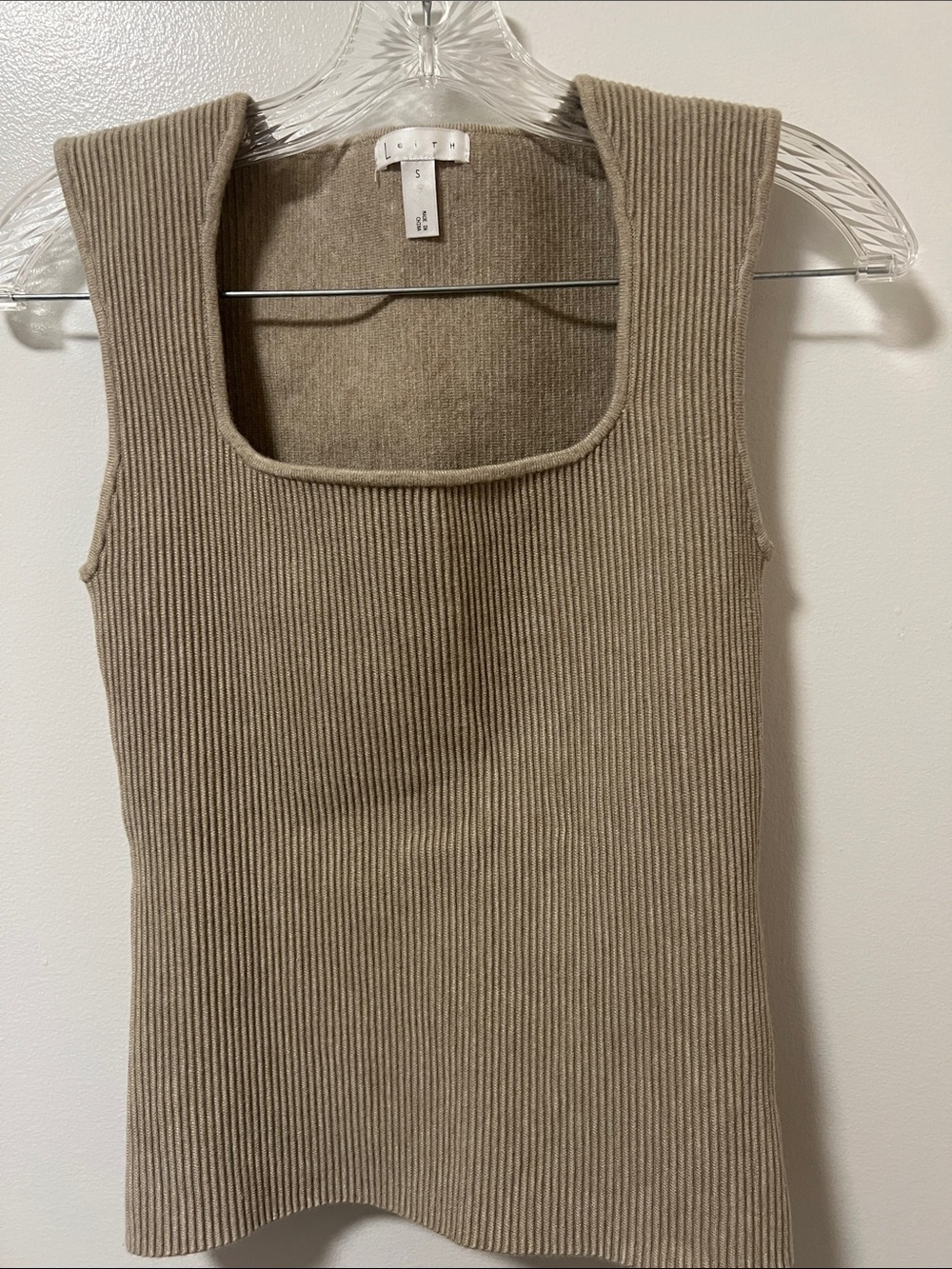 Leith Ribbed Square-Neck Tank Top in Taupe Beige